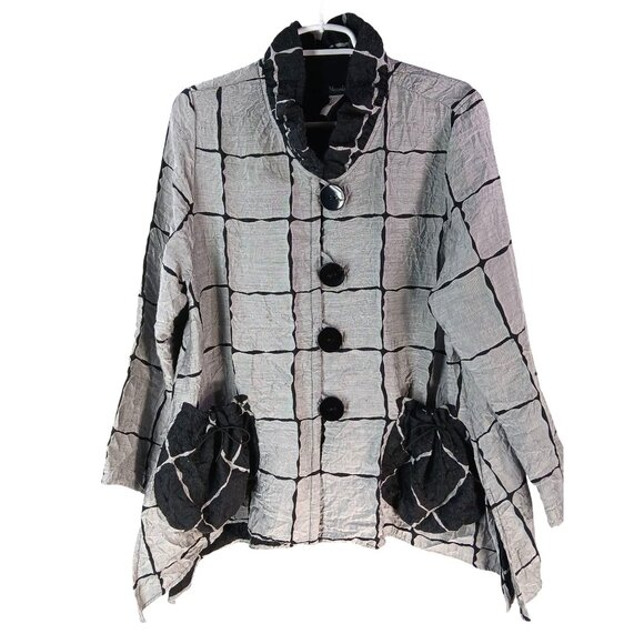 Moonlight Jackets & Blazers - Moonlight Y&S Womens Crinkle Gray Black Grid Button Jacket Size L Pouch Pockets